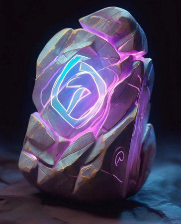 Illuminated crystal in blue and pink light on a black backgroundの写真素材