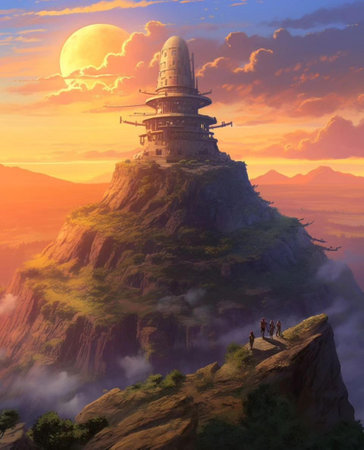 Huge pagoda at the top of the mountain at sunset.の素材