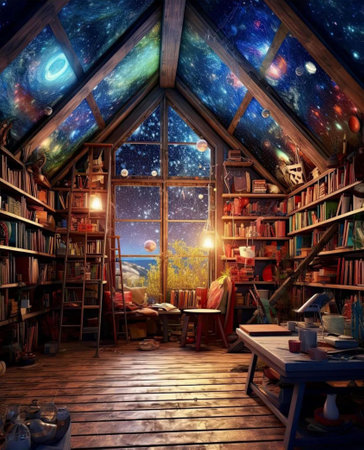 Interior of the attic with bookshelf and a bookcaseの素材