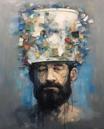Oil painting portrait of a man in a helmet with a mess of paperの素材