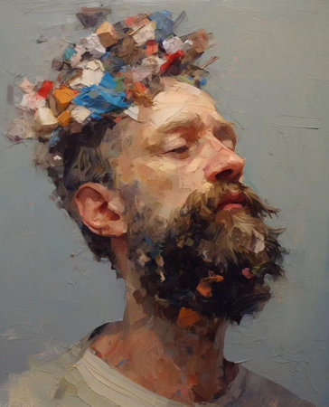 Portrait of a man with a beard on his head. Oil painting.の素材