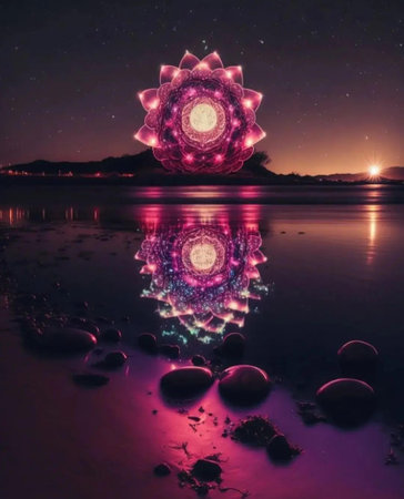 beautiful starry night with a lotus flower on the lakeの素材