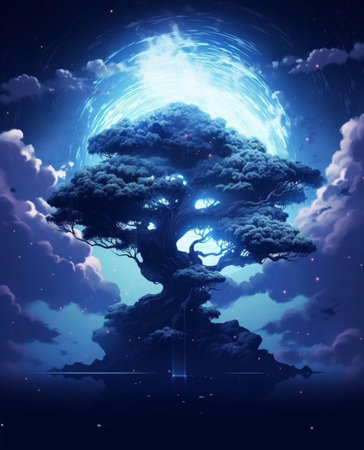 3D Illustration of a Bonsai Tree in the Night Skyの素材