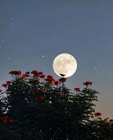 Full moon in the night sky with starry sky and red flowersの写真素材