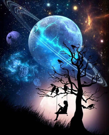 Halloween background with a tree and a girl flying on a swingの素材