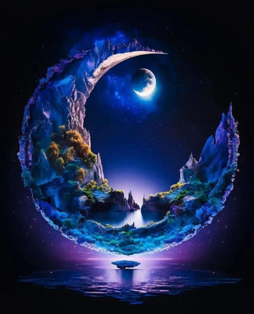 Fantasy landscape with a crescent moon in the night sky. 3d renderingの素材