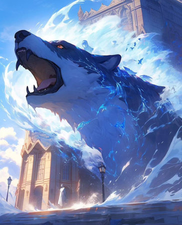 Illustration of a wolf howling in front of a building.の素材