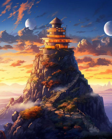 Fantasy landscape with a lighthouse on the top of the mountain.の写真素材
