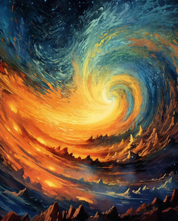 Abstract colorful background with sun and stars. Digital watercolor painting.