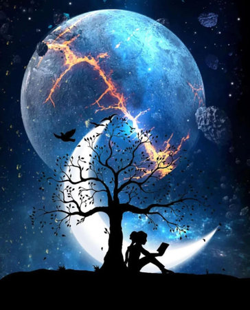 Woman reading a book at night with full moon and tree illustration.の素材