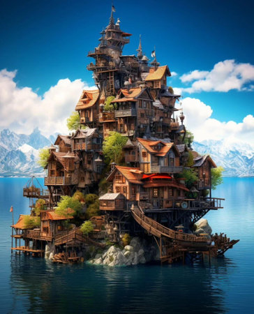 Fantasy island with a wooden house on the water. 3D renderingの写真素材
