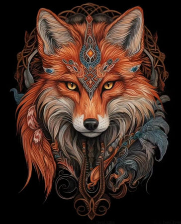 Portrait of a fox with tribal ornament. Hand-drawn illustration.の写真素材
