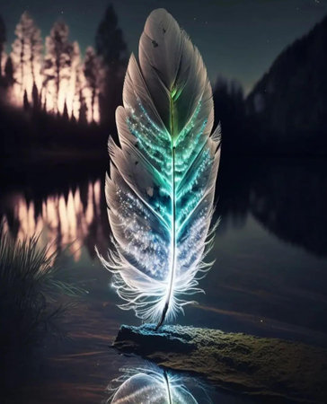Beautiful feather on the background of the night forest and the lakeの写真素材