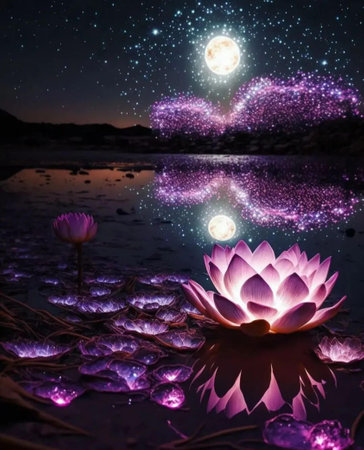 Purple lotus on the water with starry sky background.の素材