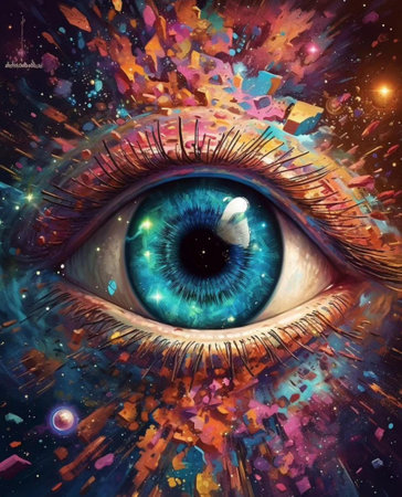 Beautiful woman's eye. Colorful background with space and stars.の写真素材