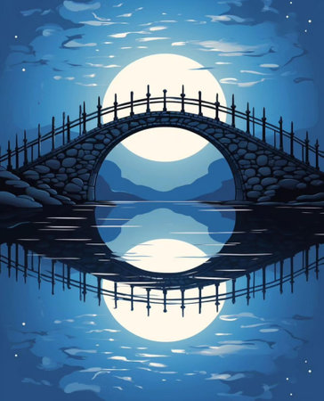 illustration of a bridge over the lake with full moon in the backgroundの写真素材