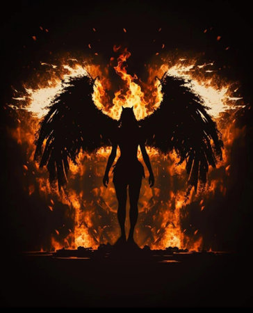 Angel with wings on fire background. Illustration for your design.の素材