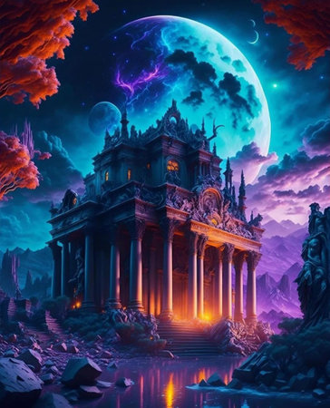 Fantasy landscape with a temple in the mountains and the moon.の写真素材