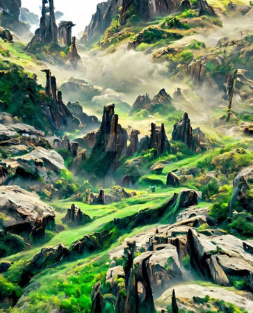 Digital painting of a misty valley in the middle of the mountainsの写真素材