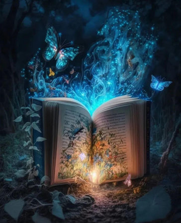 Open book with magic lights and butterflies in the forest. Halloween concept.の写真素材