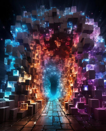 abstract 3d illustration of a dark tunnel with glowing cubes and lightsの写真素材