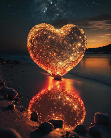 Heart on the beach at night with starry sky. 3d renderingの写真素材