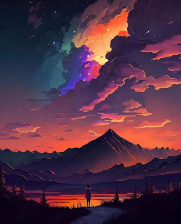 Digital painting of a girl on the background of a beautiful mountain landscape.の写真素材