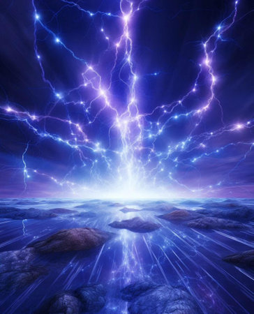 Lightning in the night sky - 3d render. Computer generated image.の写真素材