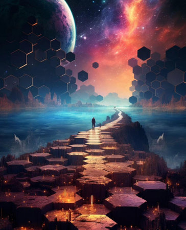 Fantasy landscape with a man standing on a wooden path to the planet.の写真素材