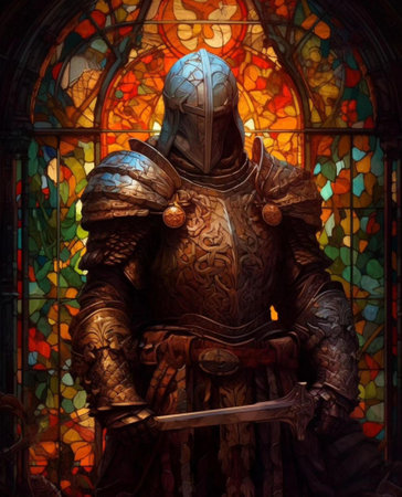 Statue of medieval knight in the stained glass window of the churchの素材