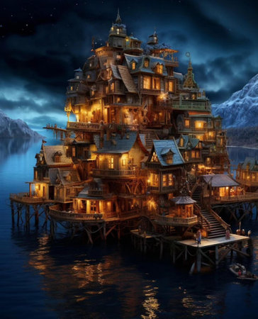 Fantasy fantasy scene with old wooden house on the lake. 3d renderの写真素材