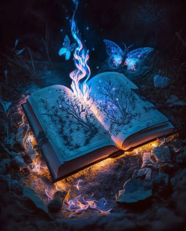 Magic book on the fire with butterflies in the night forest. Selective focus.の素材