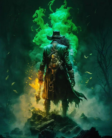 The man in the green smoke of the fume. Halloween.の写真素材