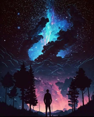 A man in a forest and a view of the Milky Way.の写真素材