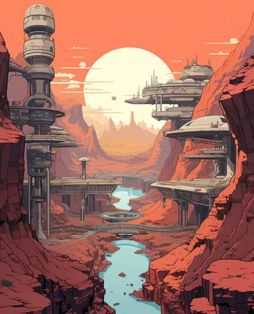Fantasy alien planet. Mountain and river. Cartoon illustration. Fantasy world.の写真素材