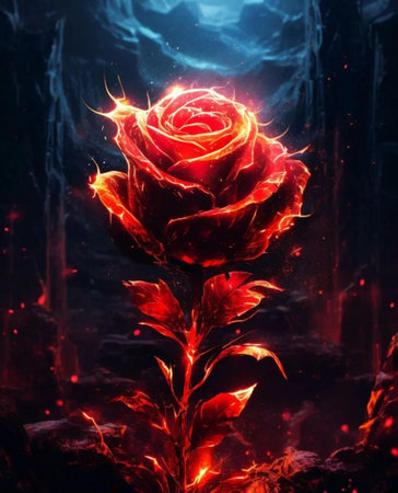 Burning red rose on a dark background. 3D rendering.の写真素材