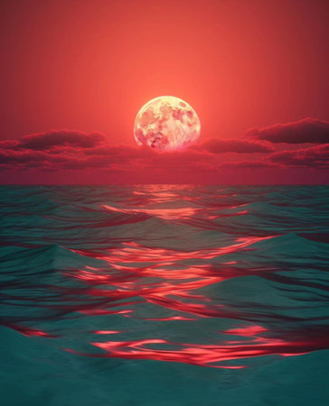 Full moon over the sea at sunset, 3d render illustration.の写真素材
