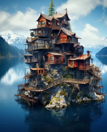 Fantasy wooden house on the lake. 3D Rendering.の写真素材