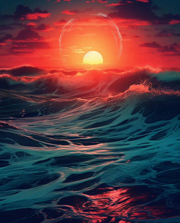 Beautiful sunset over the sea. 3d rendering. Computer digital drawing.