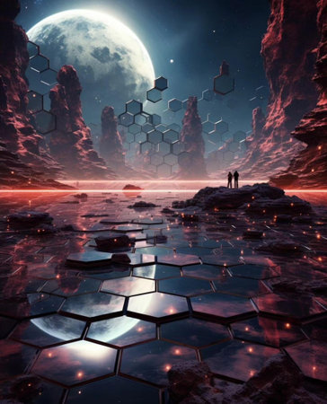 Fantasy landscape with hexagons and planets. 3D illustration.の写真素材