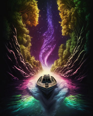 Fantasy landscape with a boat floating on the water in the forestの写真素材