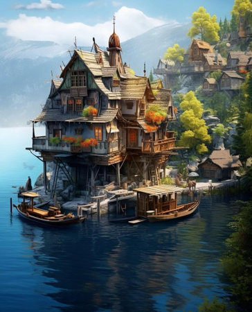 Fairytale wooden house on the water. 3D rendering.の写真素材