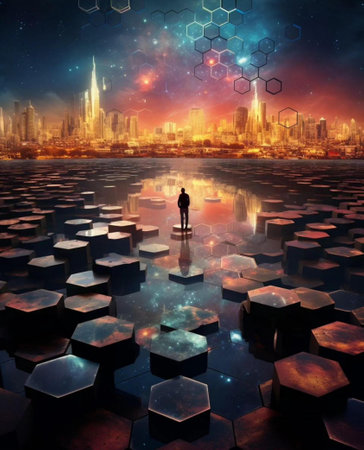 Man standing in front of futuristic city with hexagons. 3D renderingの素材