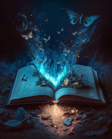 Magic book with flying butterflies on pages at night. Halloween concept.の素材