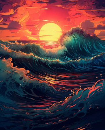 Beautiful sunset on the sea with waves and sun. Vector illustration.の写真素材