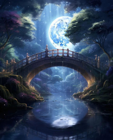 Fantasy landscape with a bridge, trees and a full moon.の写真素材