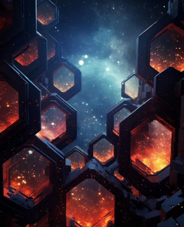 Futuristic abstract background with hexagons and stars. 3D renderingの写真素材