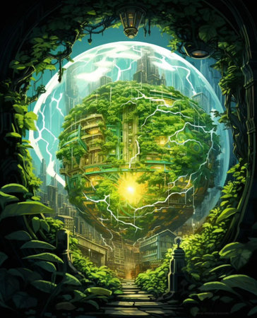 Digital painting of a city in the form of a planet with green vegetationの写真素材
