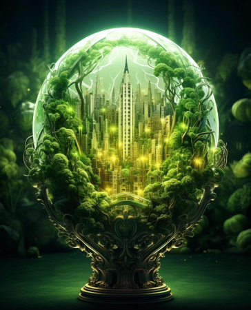 Eco city in the crystal ball. 3D illustration. Elements of this image furnished by NASAの素材