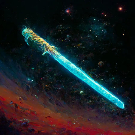 Digital illustration of a magic sword in space. Colorful background.の写真素材